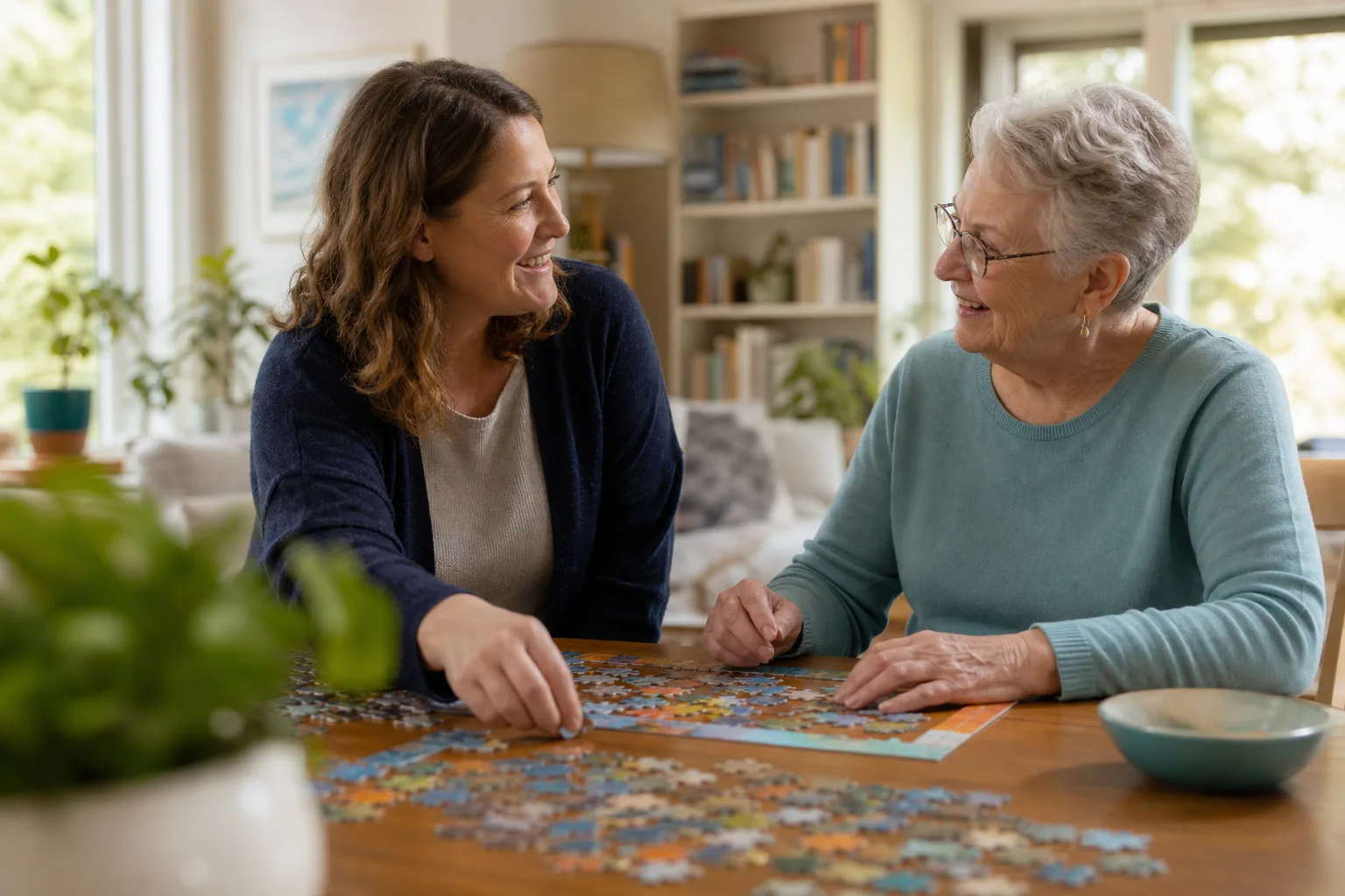 A caregiver and older adult enjoying a puzzle and conversation together at home